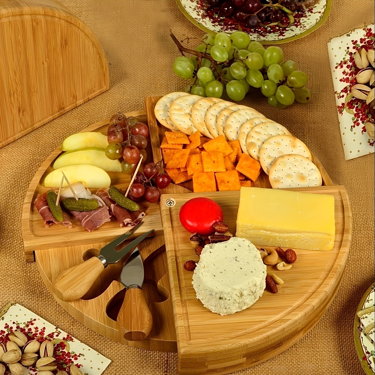 Rotating Charcuterie Bamboo Cheese Board Platter Serving Set With Knives