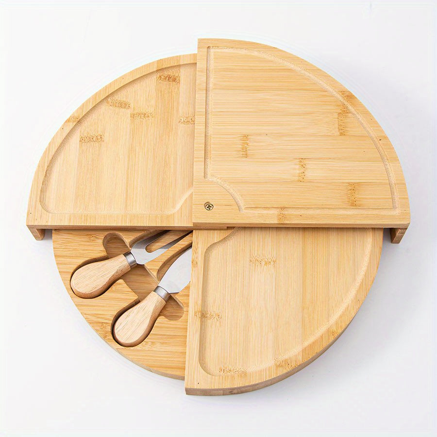 Rotating Charcuterie Bamboo Cheese Board Platter Serving Set With Knives