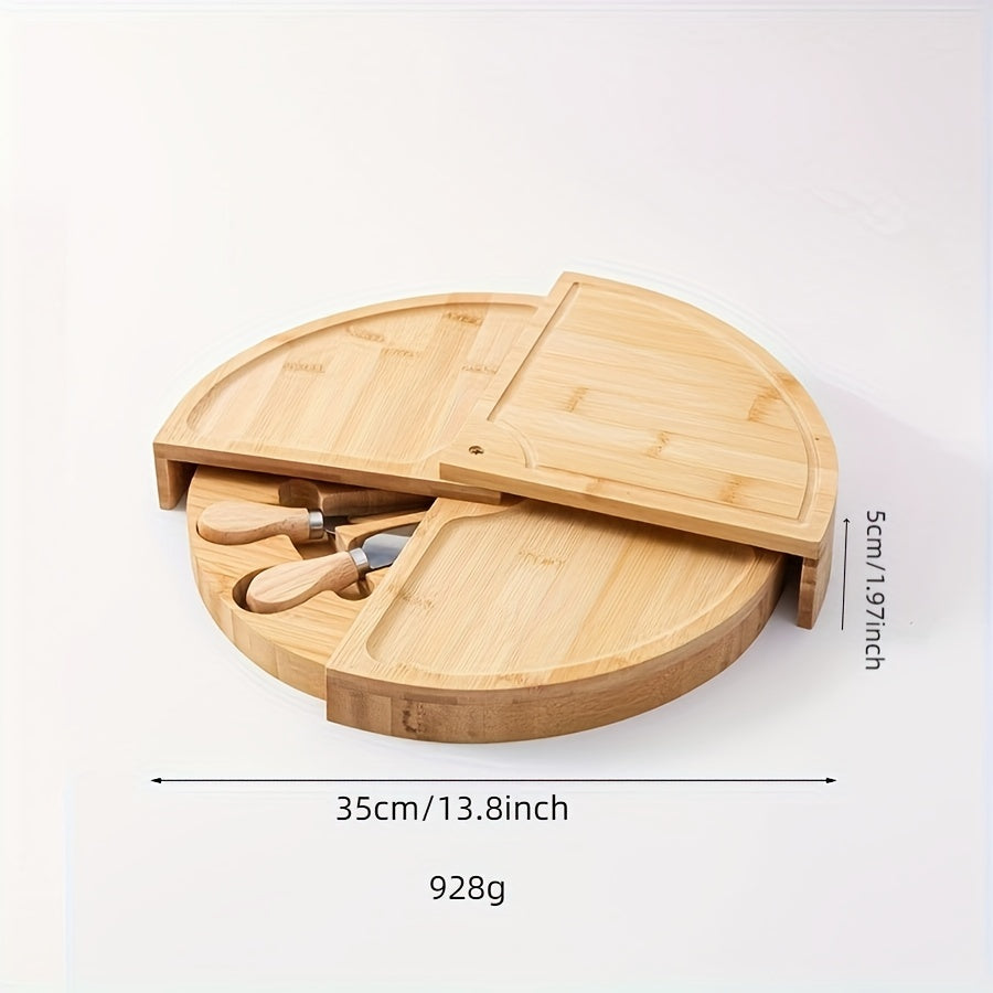 Rotating Charcuterie Bamboo Cheese Board Platter Serving Set With Knives