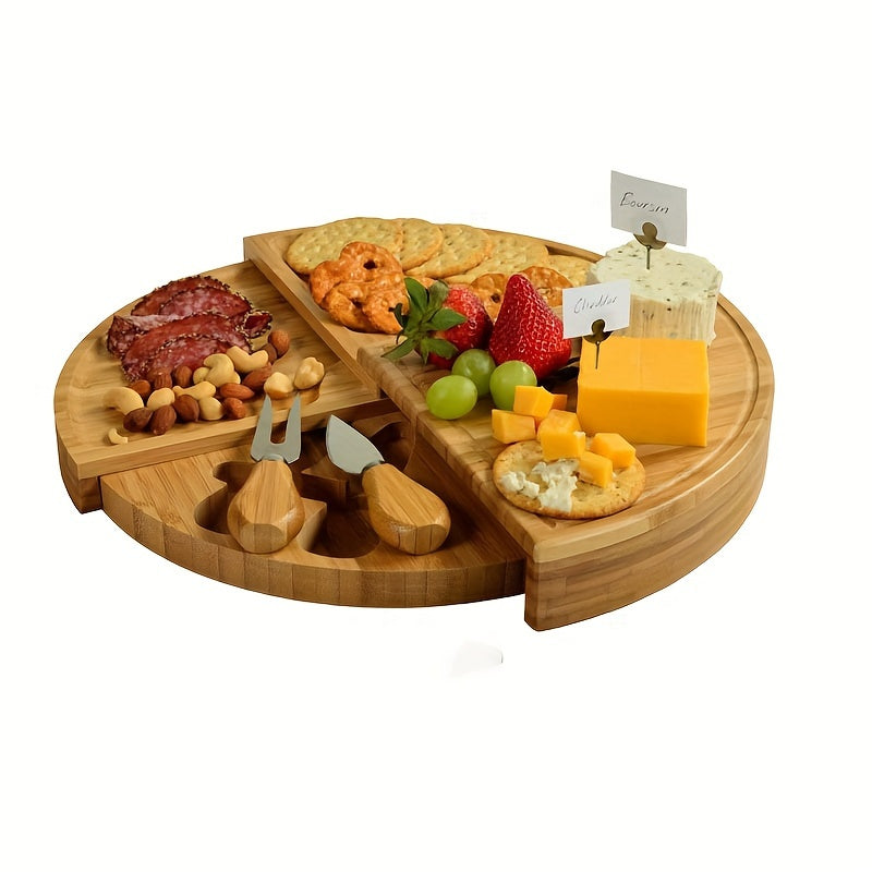 Rotating Charcuterie Bamboo Cheese Board Platter Serving Set With Knives