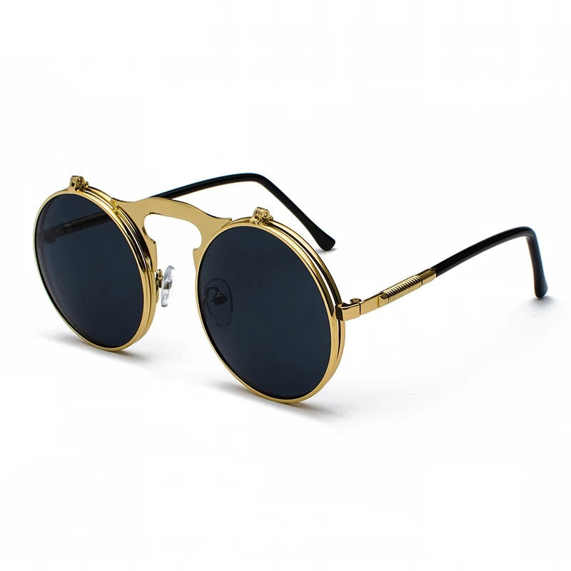 Round Retro Flip Up Sunglasses Bold Frame Vintage Style UV Protection Eyewear