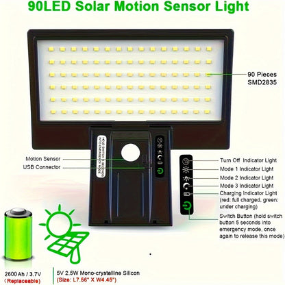 Solar LED Outdoor Floodlight Motion Sensor Wireless Waterproof Security Light