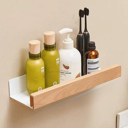 Solid Wood Bathroom Organizer Shelf No Drill Storage Solution