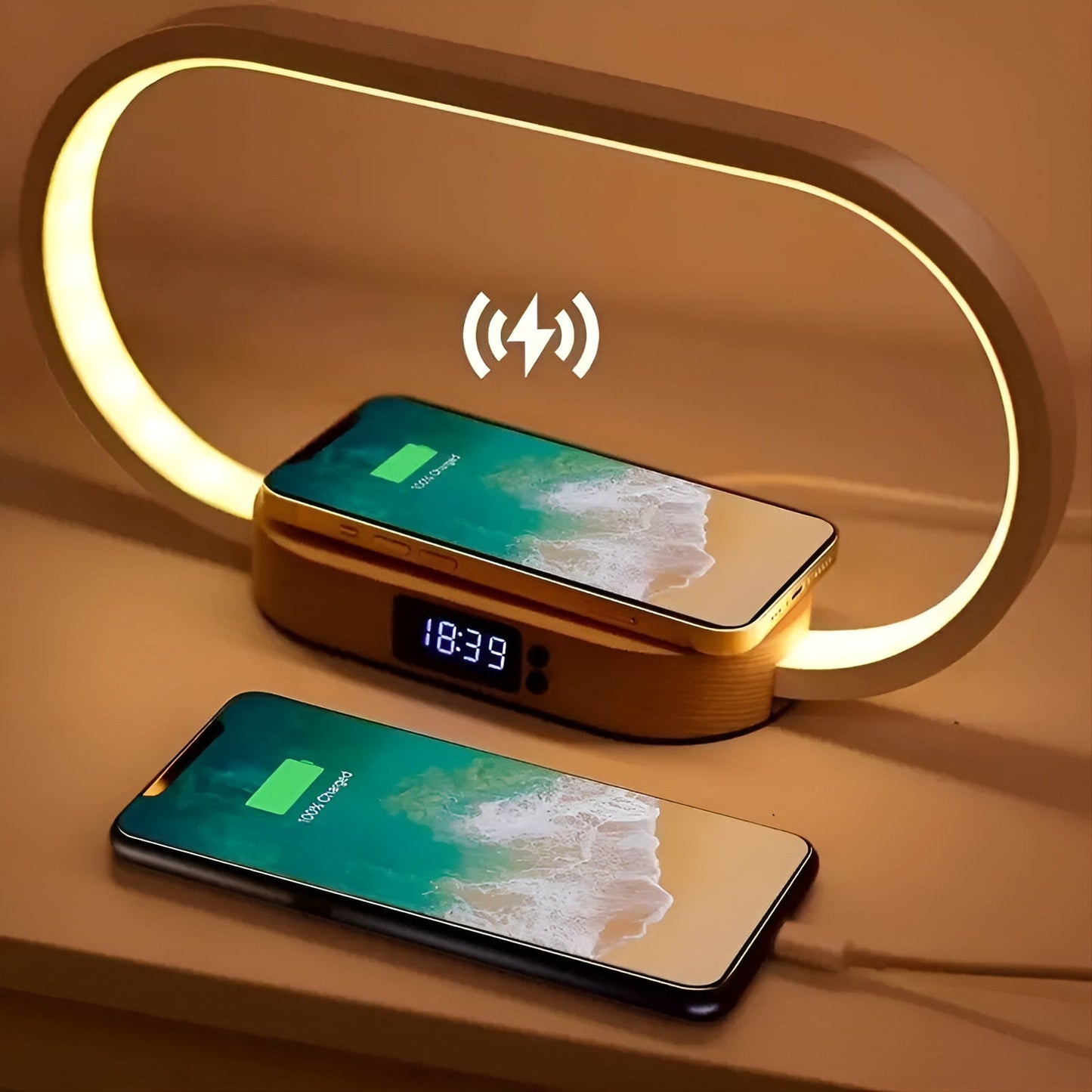 Stylish Multifunction Desk Lamp with Wireless Charging Station and LED Clock