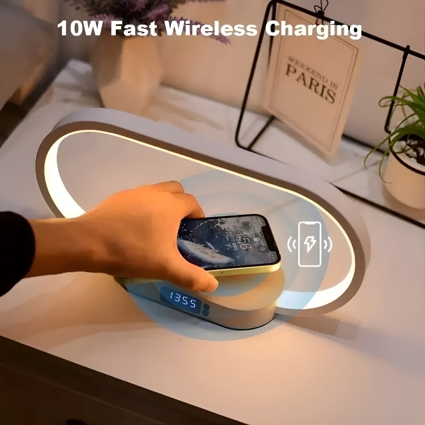 Stylish Multifunction Desk Lamp with Wireless Charging Station and LED Clock
