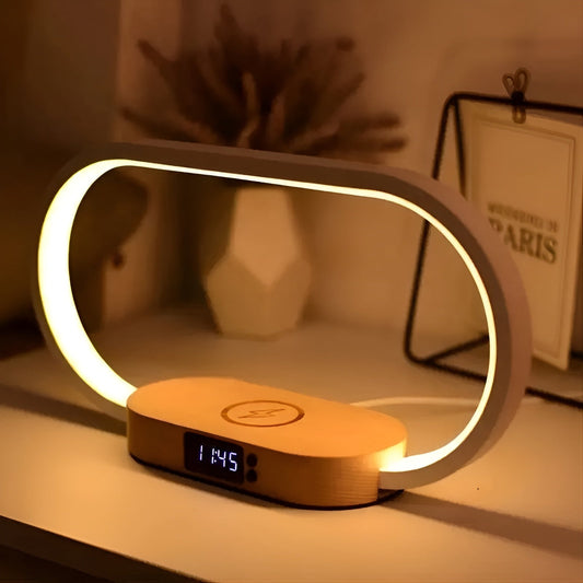 Stylish Multifunction Desk Lamp with Wireless Charging Station and LED Clock