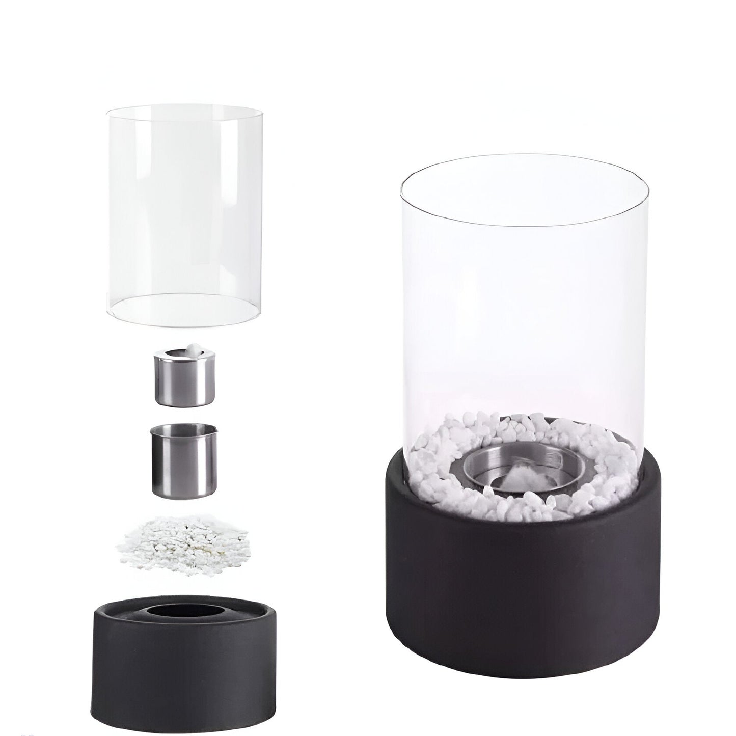 Tabletop Ethanol Fireplace Black Metal Base Glass Cylinder