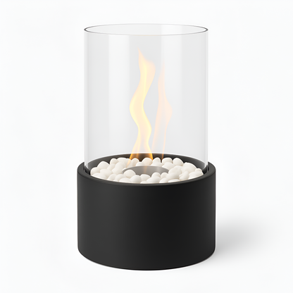 Tabletop Ethanol Fireplace Black Metal Base Glass Cylinder