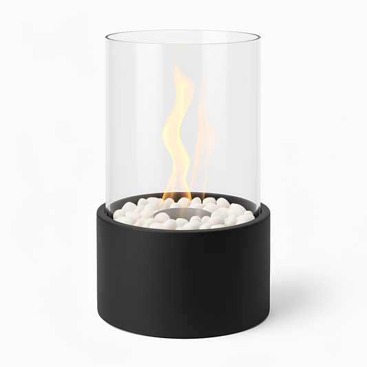 Tabletop Ethanol Fireplace Black Metal Base Glass Cylinder