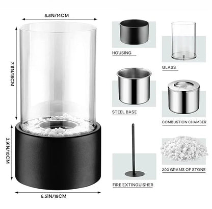 Tabletop Ethanol Fireplace Black Metal Base Glass Cylinder