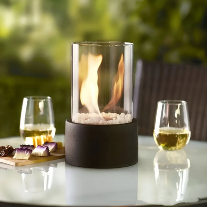 Tabletop Ethanol Fireplace Black Metal Base Glass Cylinder