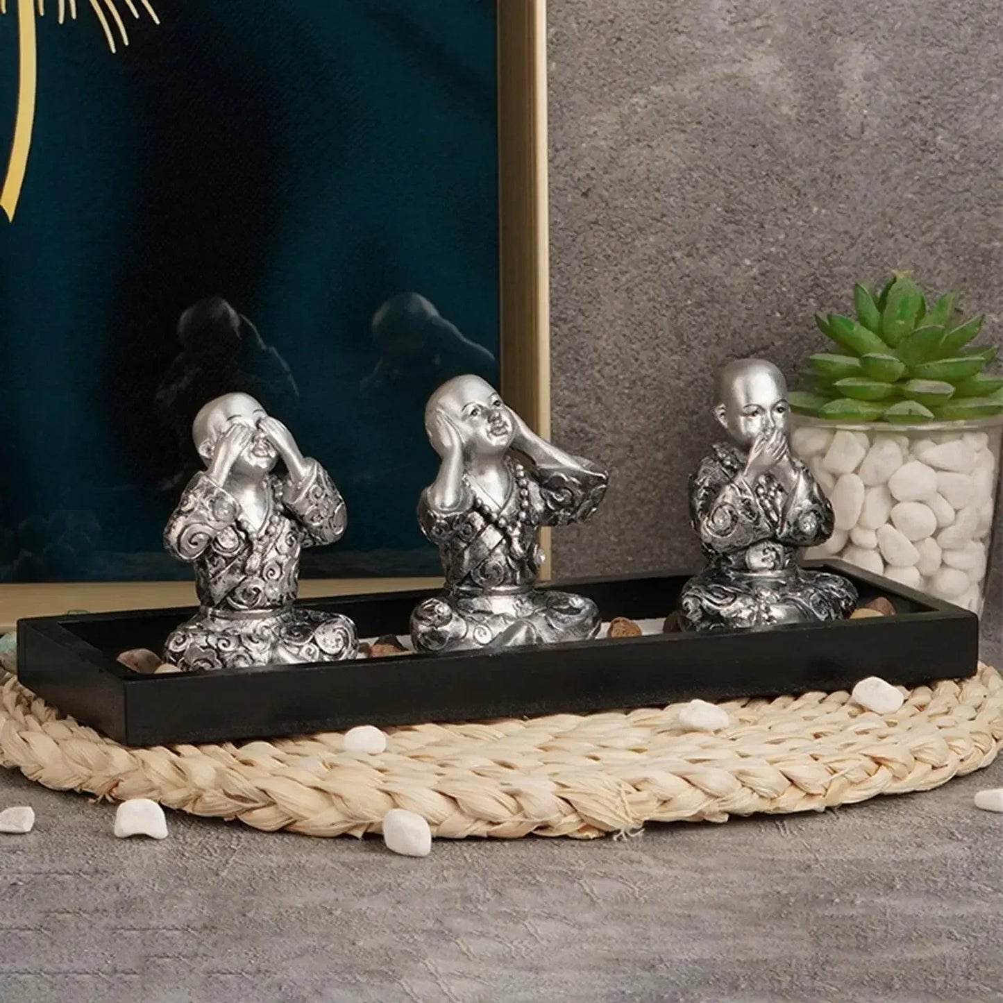 Three Monk Figurines Sandstone Kung Fu Monk Statues for Home Garden and Office