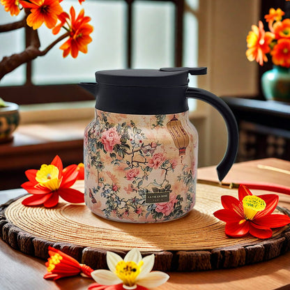 Vintage Floral Tea Thermos Flask Insulated Tea Carafe with One Hand Pour