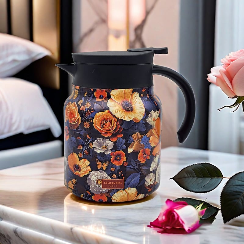 Vintage Floral Tea Thermos Flask Insulated Tea Carafe with One Hand Pour