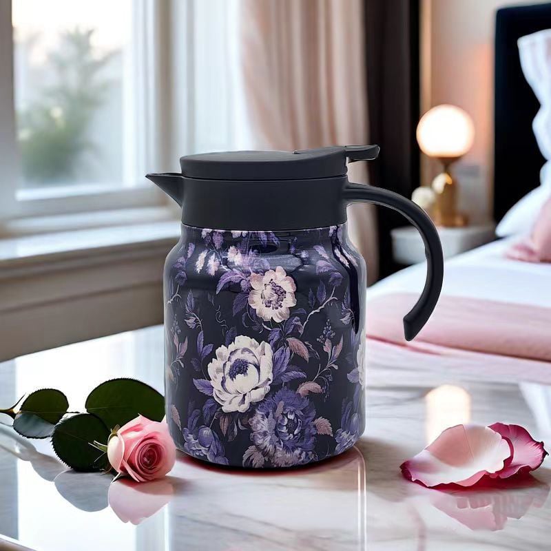 Vintage Floral Tea Thermos Flask Insulated Tea Carafe with One Hand Pour