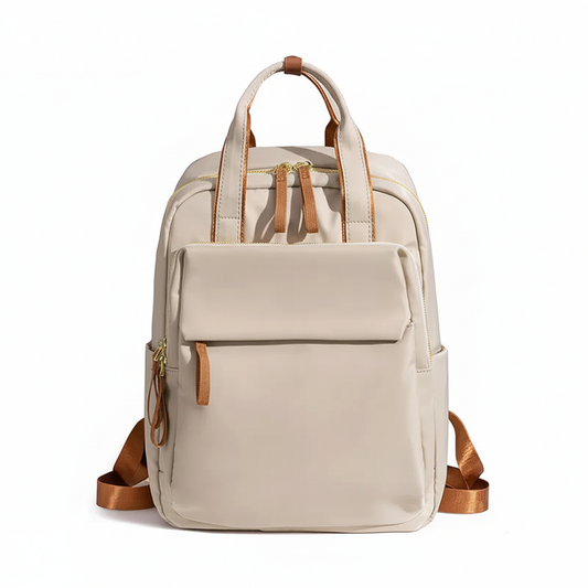 Cream beige backpack with brown accents