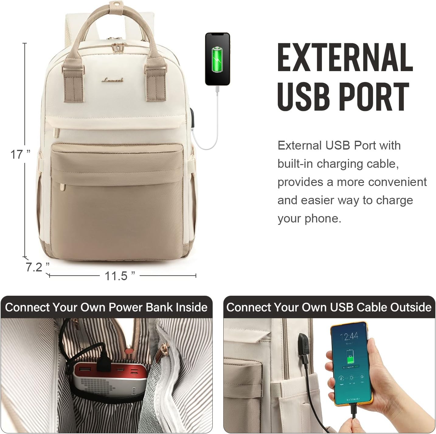 Women’s Waterproof Laptop Backpack 17 Inch with USB Charging Port – Elegant Backpack for School, Work and Travel
