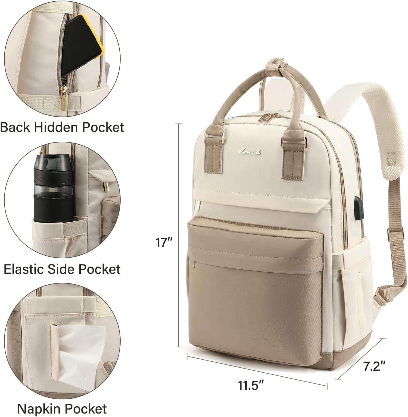 Women’s Waterproof Laptop Backpack 17 Inch with USB Charging Port – Elegant Backpack for School, Work and Travel